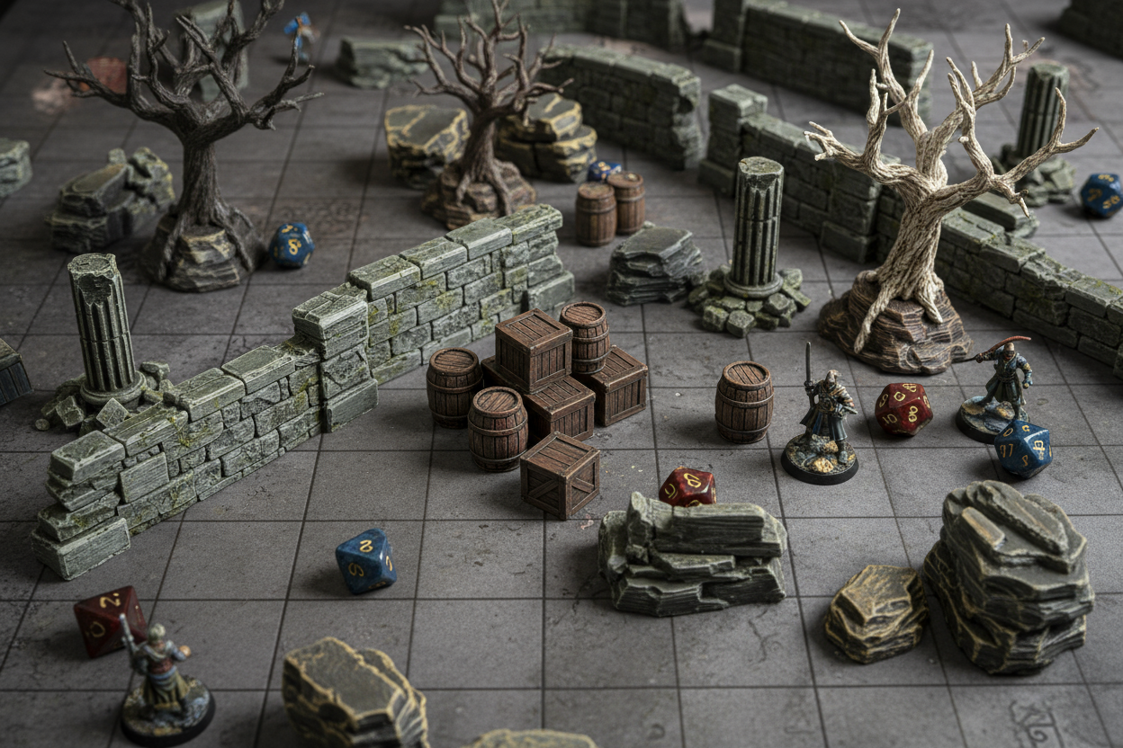 3d printed scatter terrain used in a dungeons & dragons game