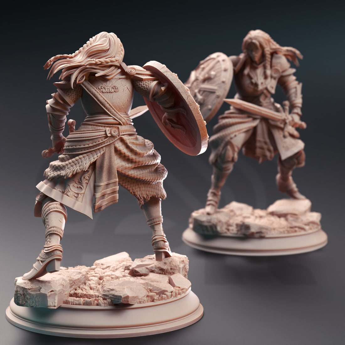 Ironbloom Defender Miniature – Fierce Female Warrior with Sword and Buckler | TTRPG Collectible & Tabletop Model
