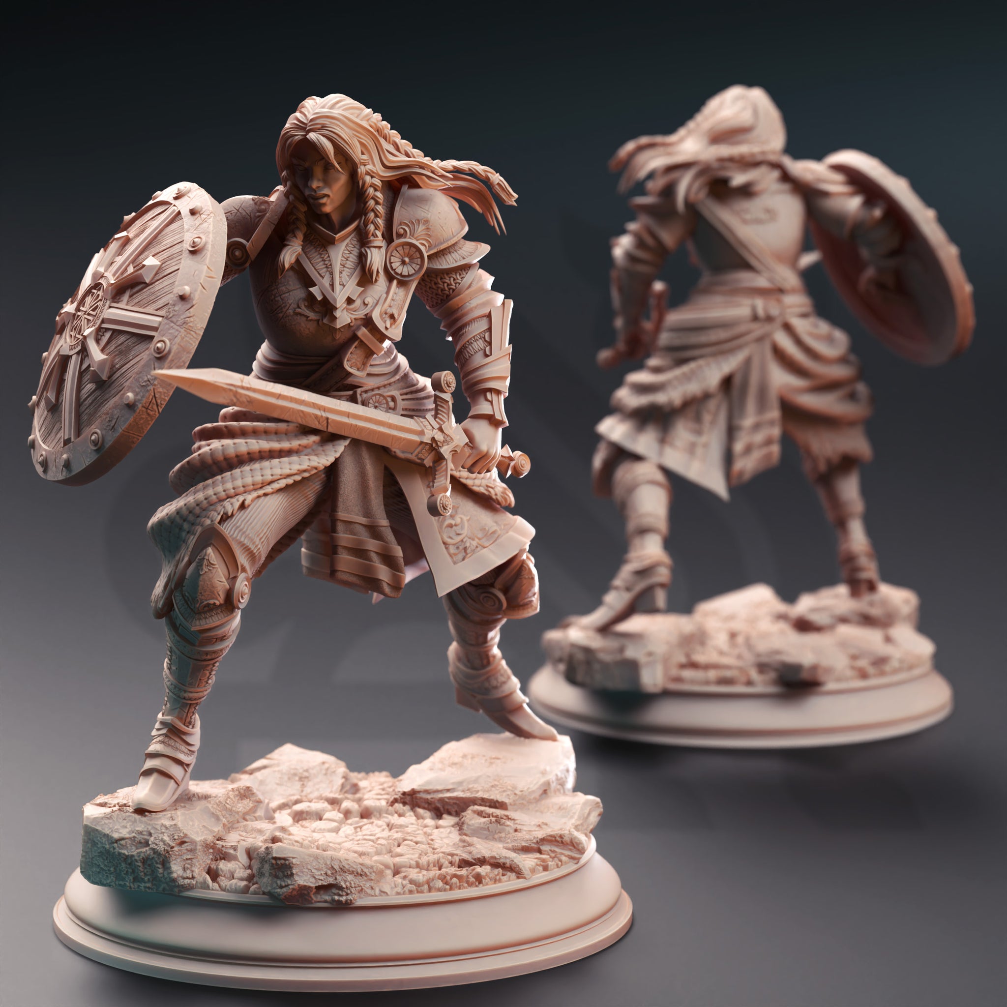 Ironbloom Defender Miniature – Fierce Female Warrior with Sword and Buckler | TTRPG Collectible & Tabletop Model