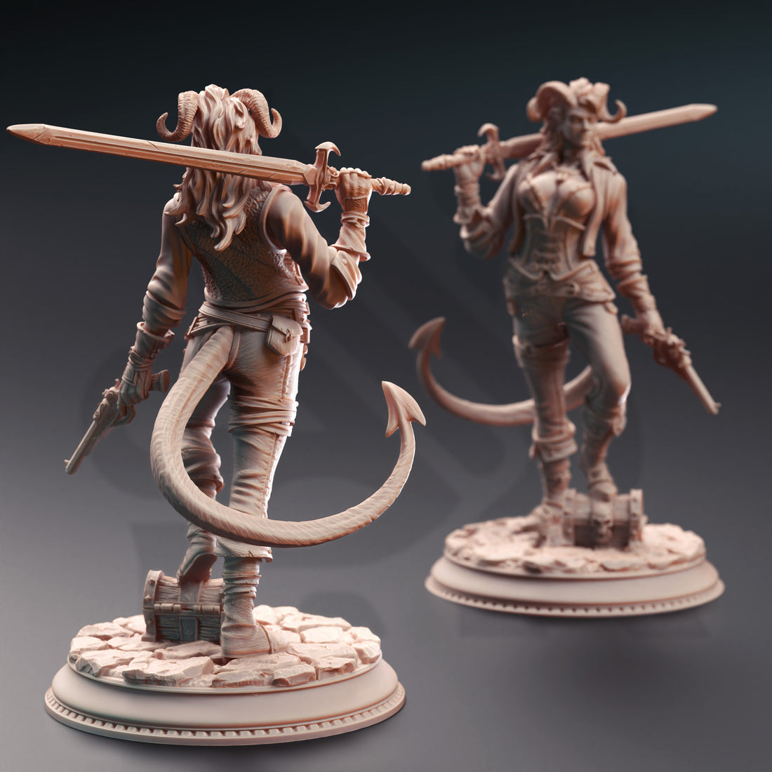 Inferno Mariner Miniature – Tiefling Pirate with Longsword & Flintlock Pistol | TTRPG Collectible & Tabletop Model