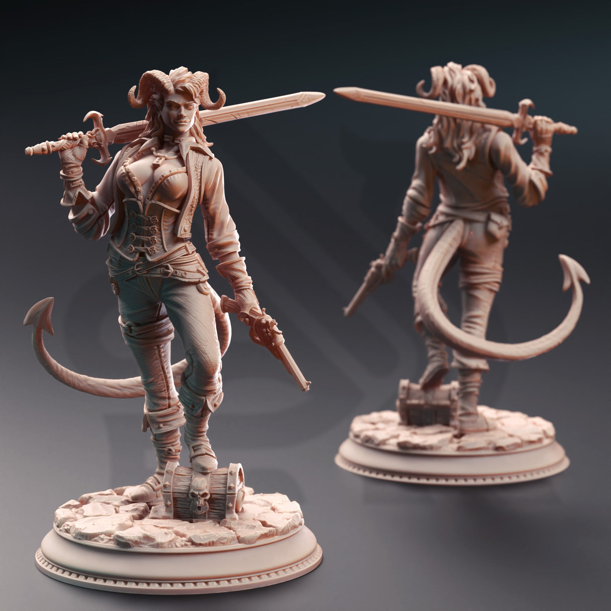 Inferno Mariner Miniature – Tiefling Pirate with Longsword & Flintlock Pistol | TTRPG Collectible & Tabletop Model