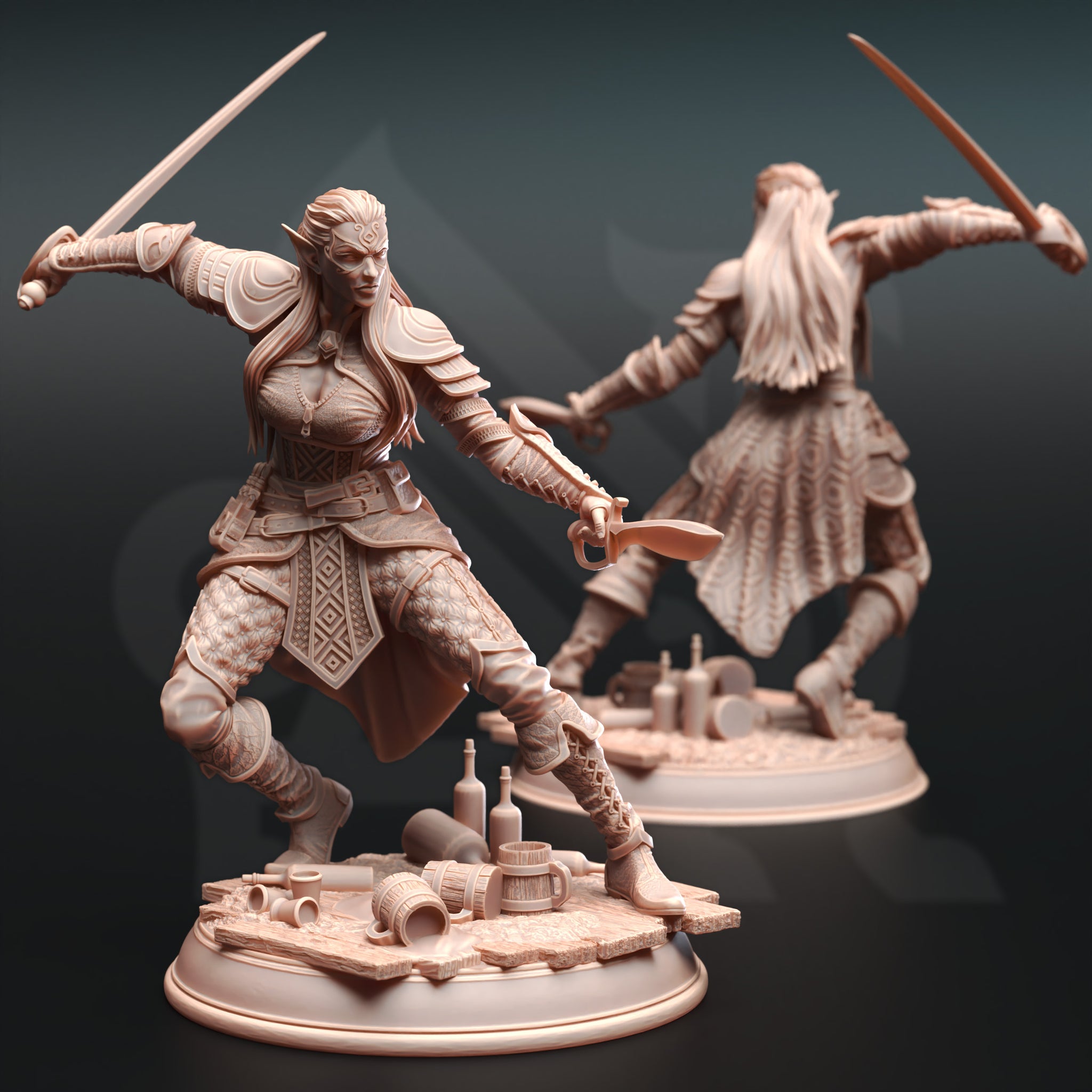 Shadowfang Operative Miniature – Elvish Rogue with Dual Daggers | TTRPG Collectible & Tabletop Model
