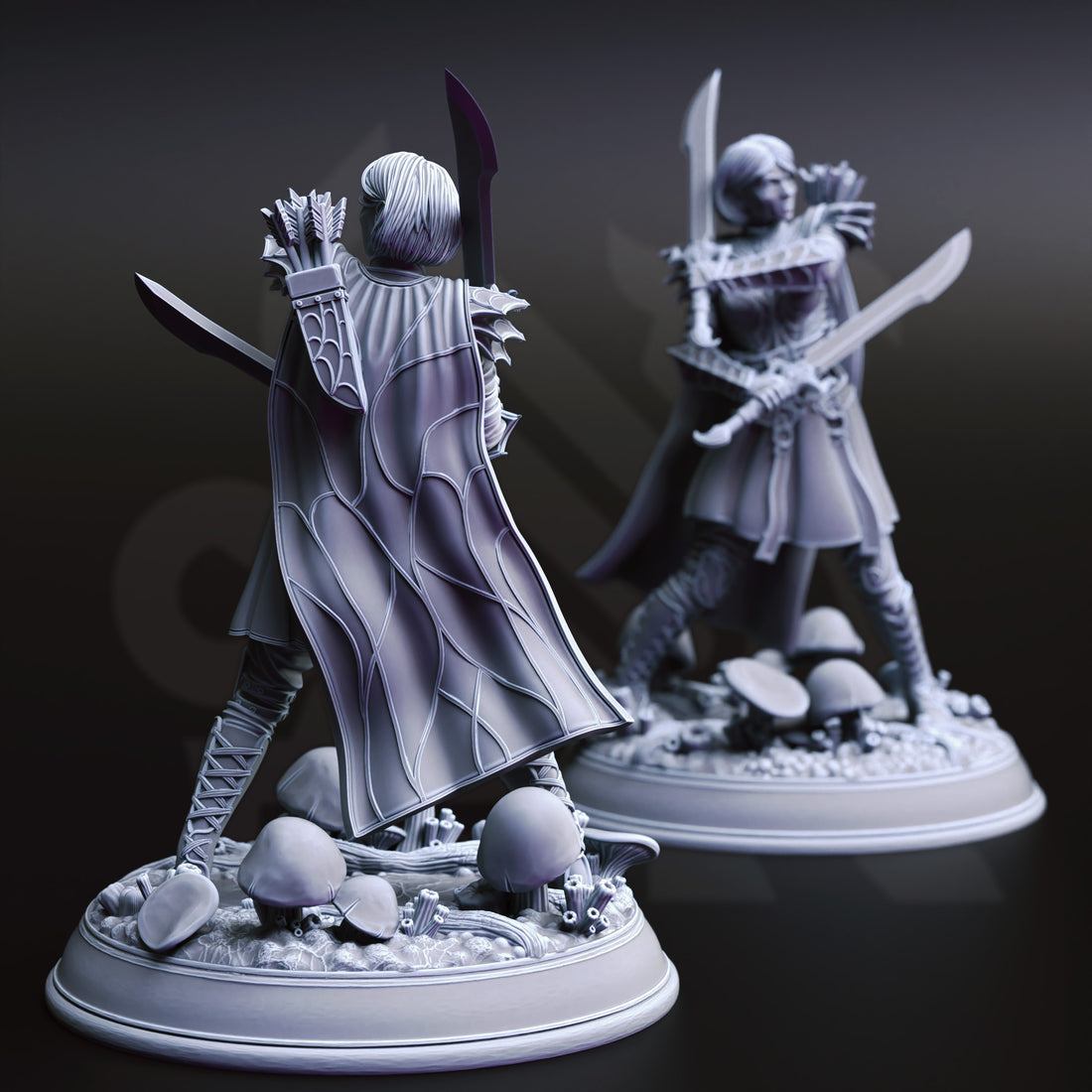 Nightveil Stalker Miniature – Drow Ranger with Dual Swords | TTRPG Collectible & Tabletop Model