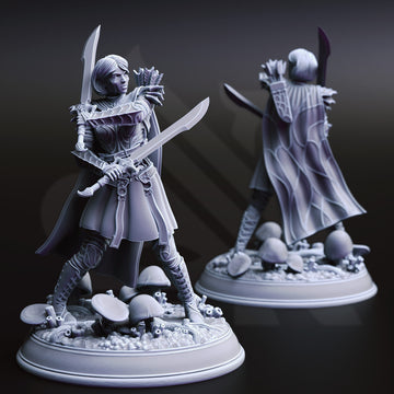 Nightveil Stalker Miniature – Drow Ranger with Dual Swords | TTRPG Collectible & Tabletop Model