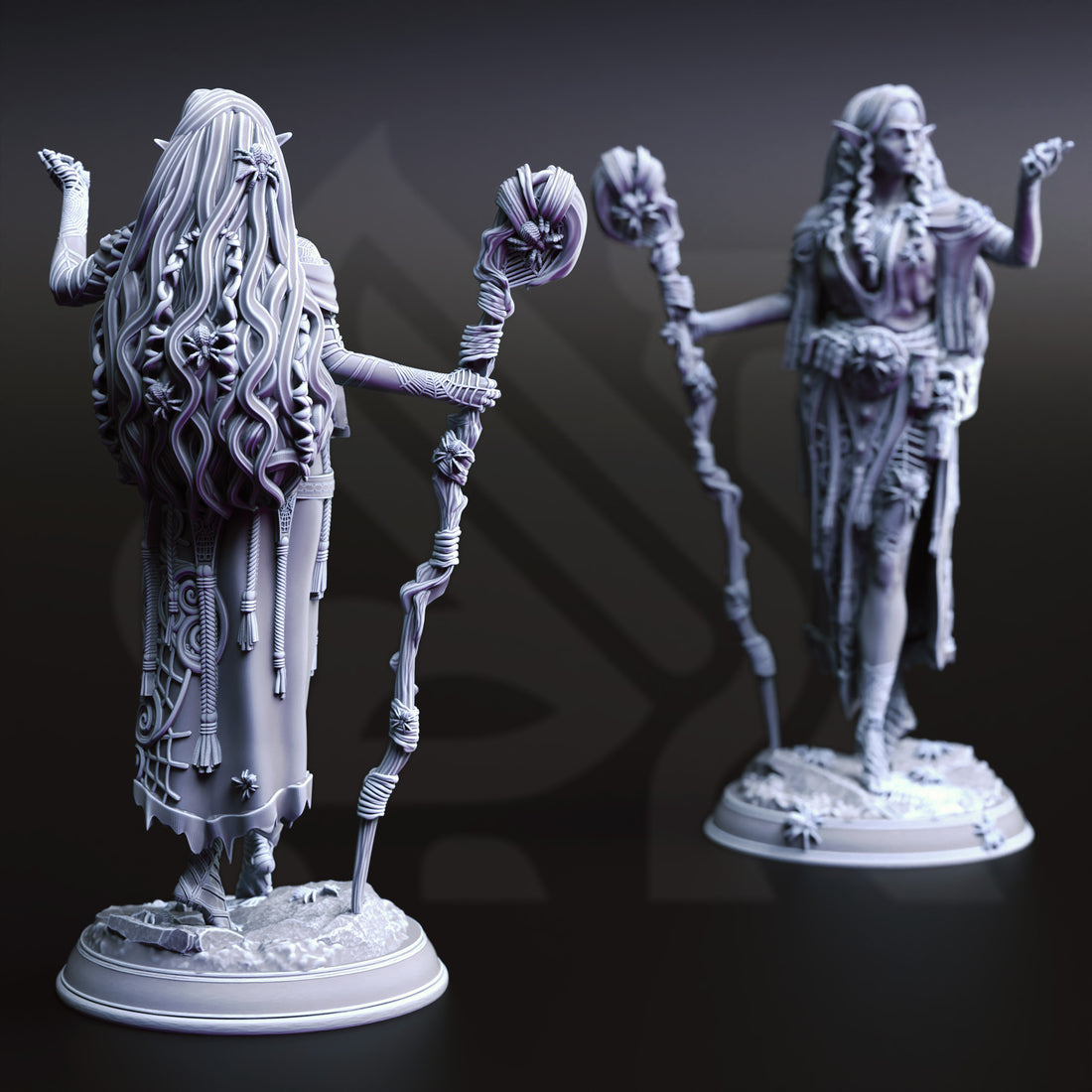 Webveil Shaman Miniature – Female Drow Spellcaster | TTRPG Collectible & Tabletop Model