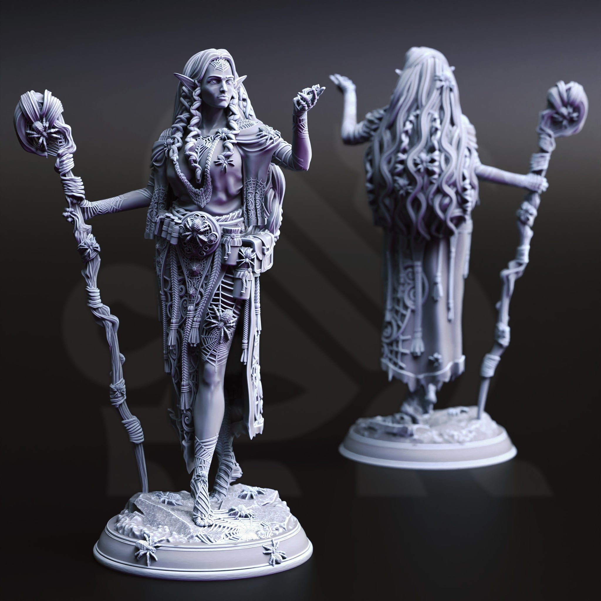 Webveil Shaman Miniature – Female Drow Spellcaster | TTRPG Collectible & Tabletop Model
